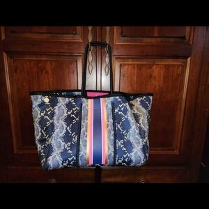 Neoprene Blue Snake Print Tote Bag with Stripes